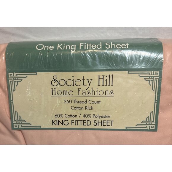 Society Hill King Fitted Sheet Pink 250 Thread Count Cotton Made In USA Vintage - Picture 3 of 5